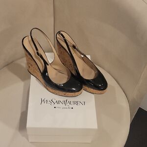 Yves Saint Laurent Black And Cork Wedge Shoes